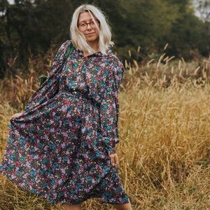 Vintage 1970s Floral Boho Purple Brown Midi Dress